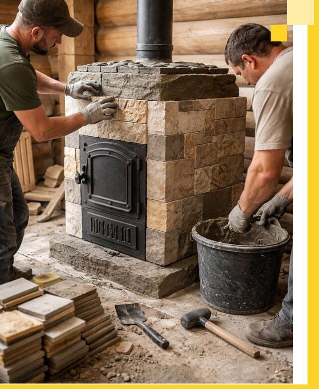 Облицовка банной печи под ключ в Троицке: камень и плитка