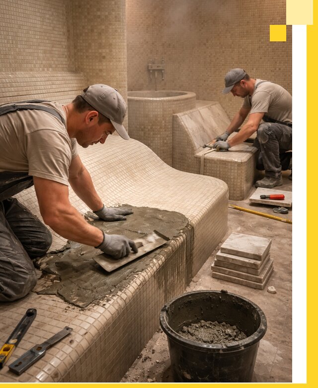 Лежаки для хамама под ключ в Троицке, проект и монтаж